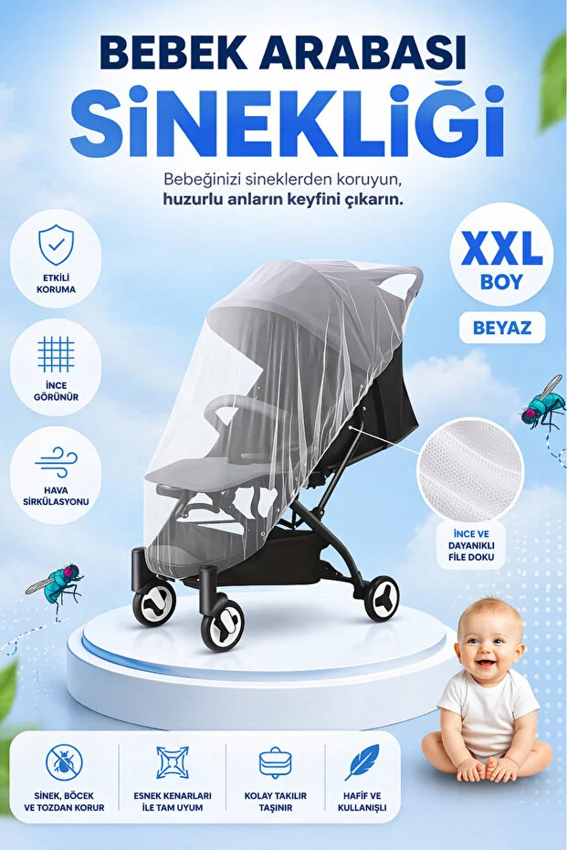 Beyaz Bebek Arabası Sinekliği Tüm Bebek Arabası & Puset Modellerine Uygun, Lastikli XXL Cibinlik